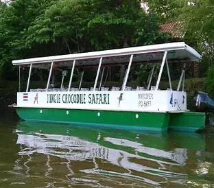 A green tour boat navigates a wide river surrounded by dense tropical jungle vegetation.