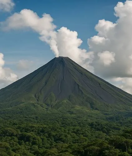 Conical volcano with dark slopes and green vegetation under a blue sky with white clouds.