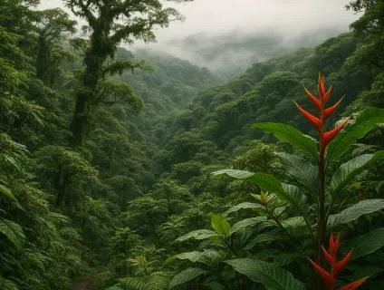 A bright red flower stands out in the foreground against a dense cloud forest.