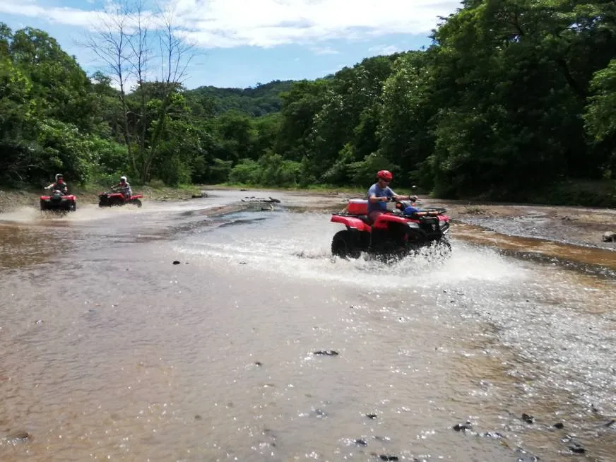People driving red off-road vehicles through a stream surrounded by lush vegetation.