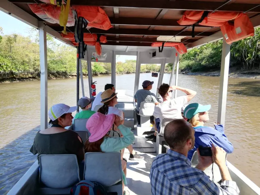 A group of people travel in a covered boat navigating a river surrounded by vegetation.