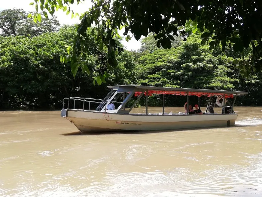 A tourist boat with passengers navigating a river surrounded by dense green tropical vegetation.