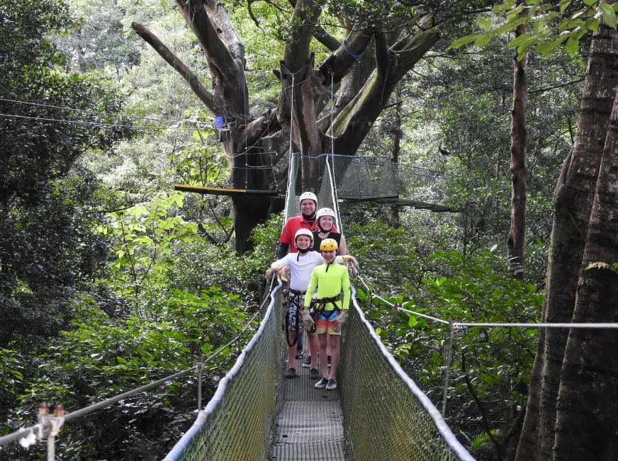 A group of tourists walk across a hanging suspension bridge in the middle of the jungle.