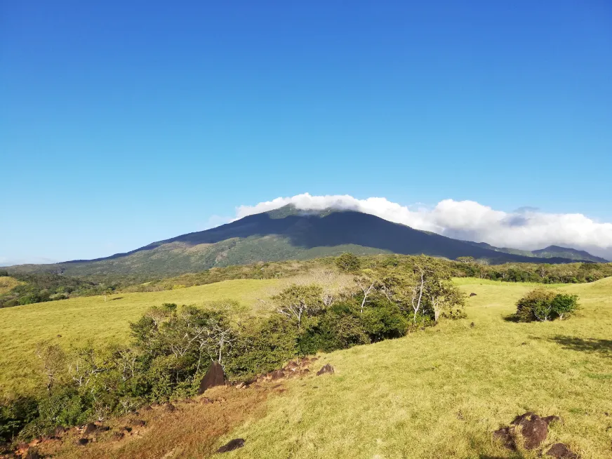 Panoramic view of Miravalles Volcano with green pastures and a clear blue sky in the background.