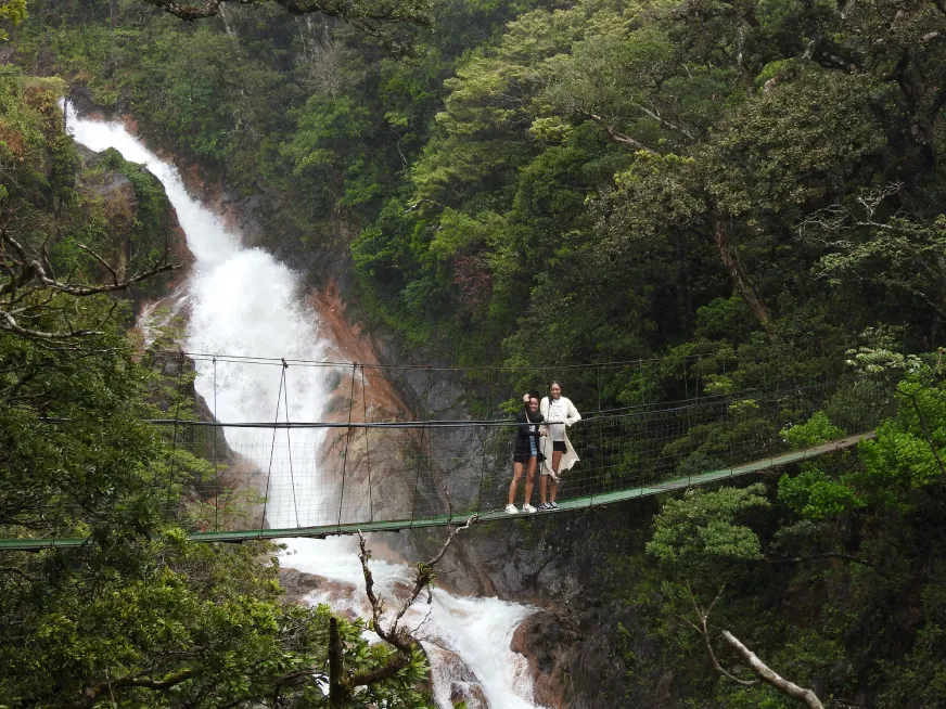 A tall waterfall drops through dense green jungle vegetation into a rocky river below.