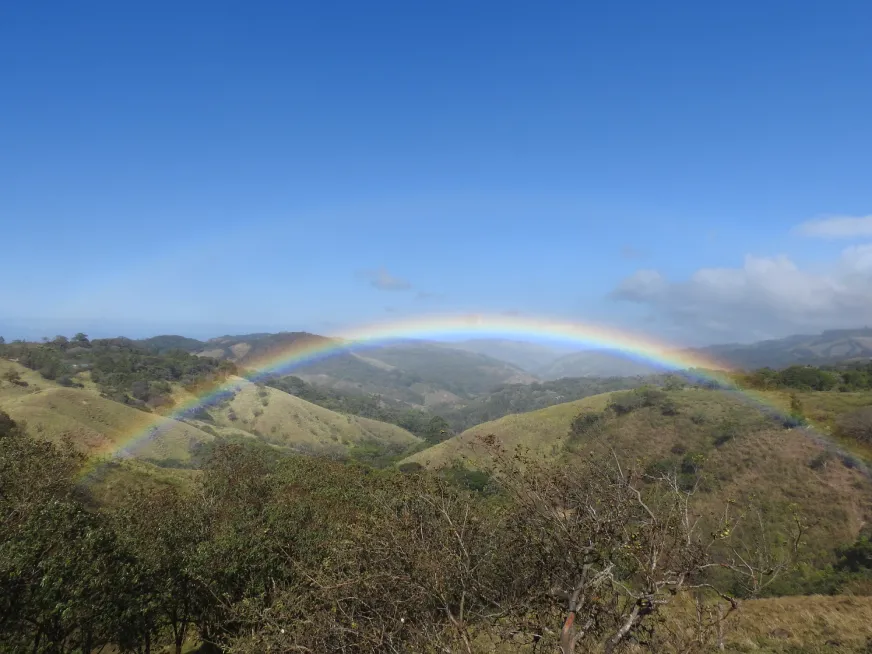 A rainbow crosses a valley with green hills under a clear, bright blue sky.