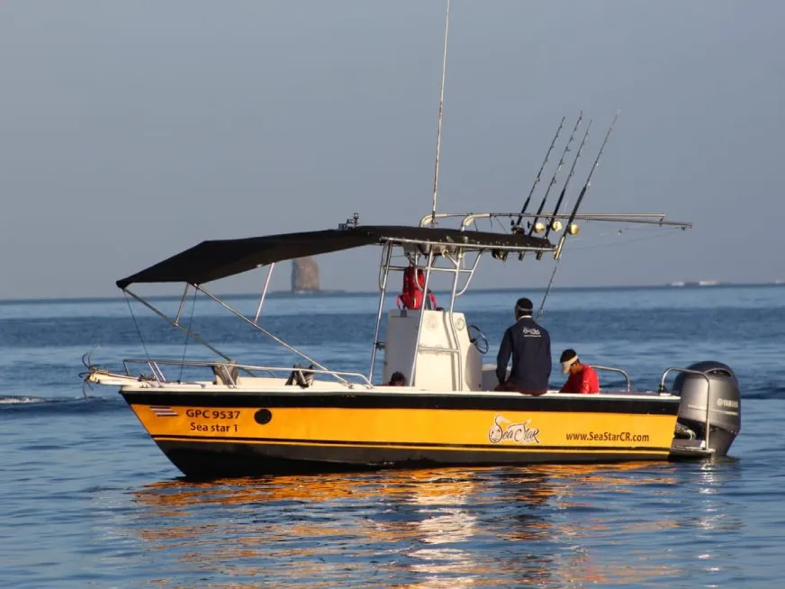A yellow tour boat with a canopy anchored in calm blue waters near a rocky coastline.