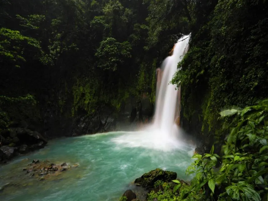 A vivid turquoise waterfall drops into a bright blue pool surrounded by dense rainforest.