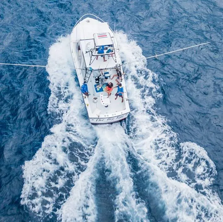 A white fishing boat sails over deep blue waters, leaving a trail of white foam.
