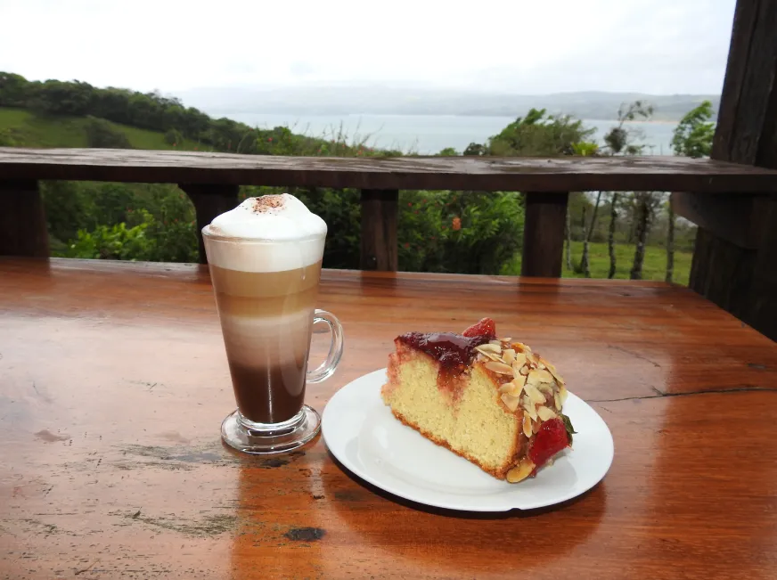A latte and a slice of cake served on a wooden table at a scenic jungle cafe.