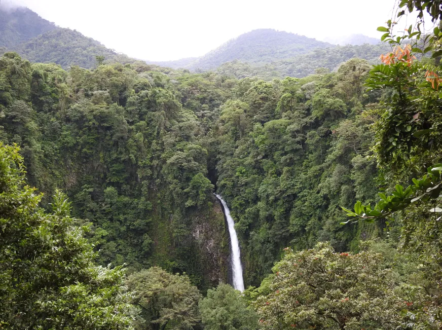 A scenic valley with a tall waterfall dropping through dense green forest under a cloudy sky.